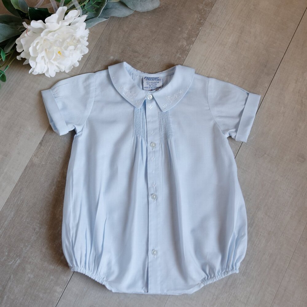 Blue Heirloom Creeper Romper PinTuck Rocking Horse Feltman Brothers 6 Month NWOT